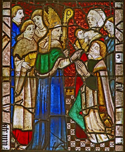 A panel in the east window depicting Confirmation by English School