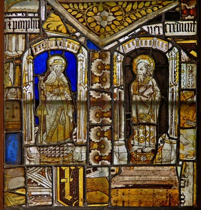A panel in the east window depicting St James and St Paul with the Gromwell weed above by English School