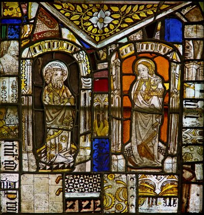 A panel in the east window depicting St Peter and St John with the Gromwell weed above by English School