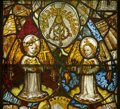 A panel in the east window depicting angels with Passion Instruments amid fragments by English School