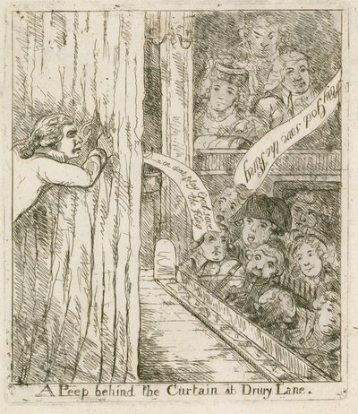 A peep behind the curtain at Drury Lane; cartoon by English School