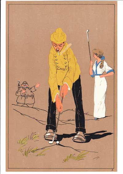 A print of two golfers in comic and humorous postures by English School