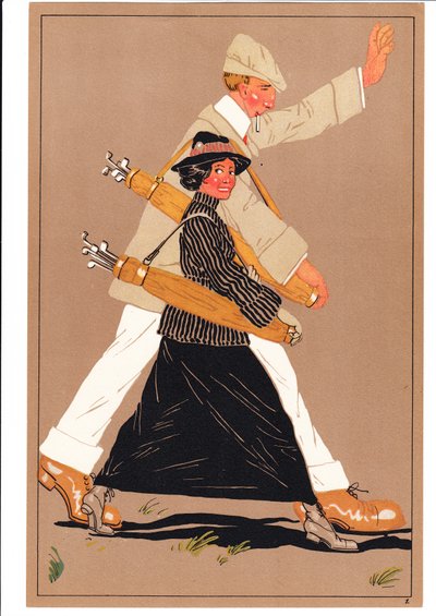 A Print of Two Golfers in Comic and Humorous Postures, c.1920 by English School