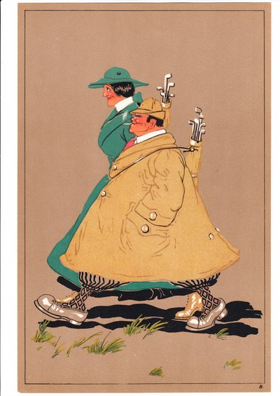 A print of two golfers in comic and humorous postures by English School