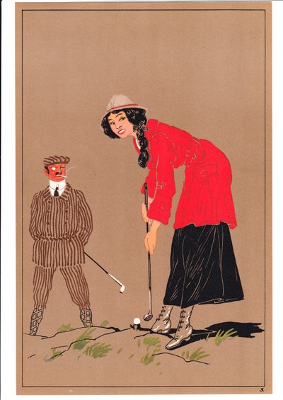 A print of two golfers in comic and humorous postures by English School