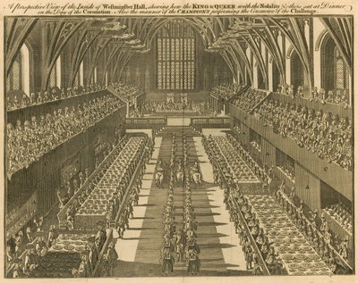 Inside of Westminster Hall Showing the King and Queen at Dinner on the Day of the Coronation by English School