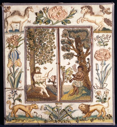 A Raised Work Embroidered Mirror Depicting a Primitive Hunter with a Bow and Arrow, and a Blackamoor with a Parrot, the Frame with a Camel, Horse, Lion, Leopard, Rose, Iris and Other Flowers by English School