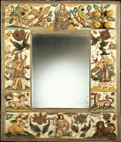 A Raised Work Mirror Depicting a Noble Couple, with Animals, Fruits and Flowers by English School