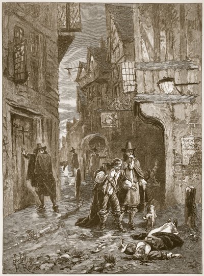 A street in London during the Great Plague, illustration from Cassell