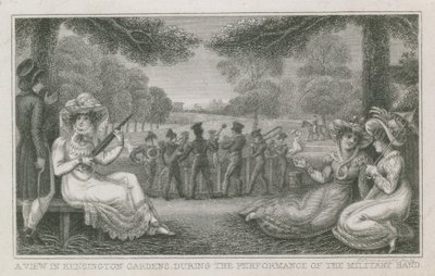 A view in Kensington Gardens, London, during the performance of the military band by English School
