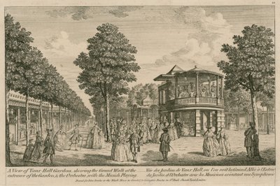 A view of the Vauxhall Gardens, London, showing the grand walk at the entrance and the Orchestra with music playing by English School