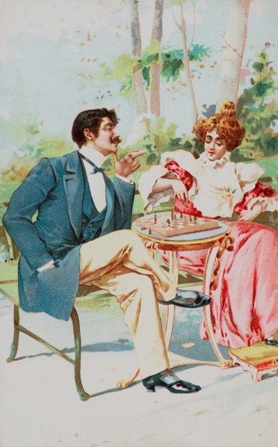 A well-dressed couple playing chess in a garden by English School