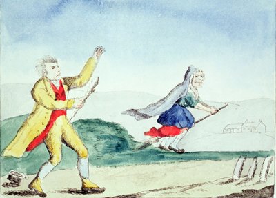 A witch frightens a man with a cudgel, c.1790s by English School