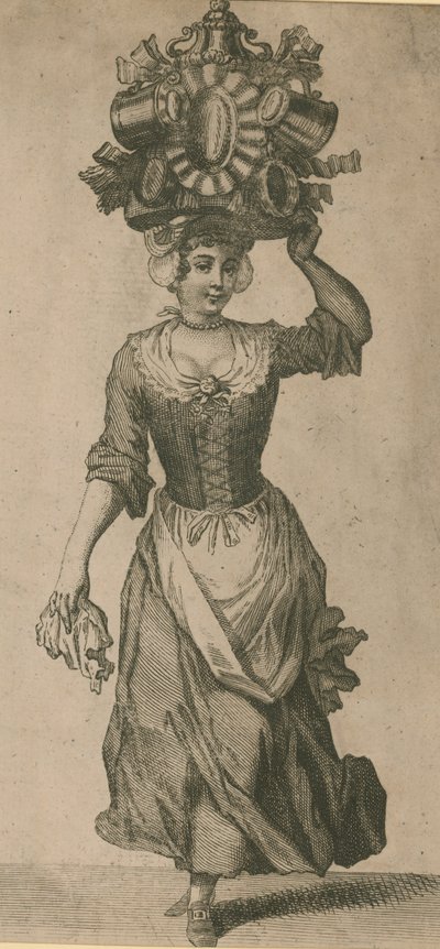 A Woman Carrying a Variety of Metal Objects on Her Head by English School
