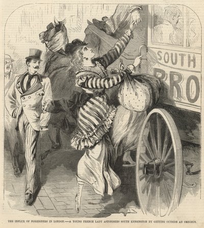A Young French Lady Astonishes South Kensington by Getting Outside an Omnibus by English School