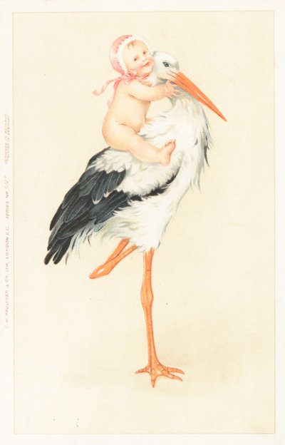 A young child riding on the back of a stork by English School