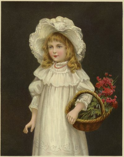 A Young Girl Dressed in White Holding a Basket of Red Flowers by English School