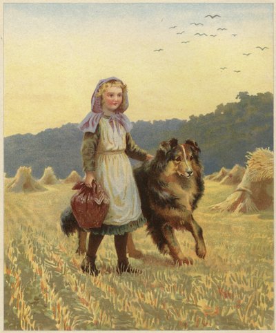 A Young Girl Standing in a Field with Her Hand on Her Collie Dog by English School