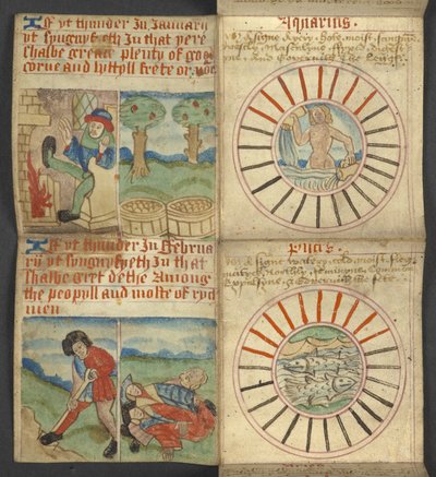 Aquarius & Pisces, from Almanac, containing table of dominical letters and golden numbers; directions to find the movable feasts; calendar of Saints, epochs, list of English Sovereigns, prognostications of weather, influence of the signs of the zodiac by English School