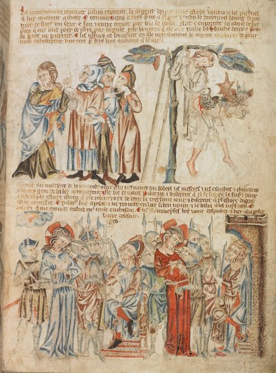 Judas returns the thirty pieces of silver; the death of Judas; Christ before Pilate and before Herod, from Holkham Bible Picture Book, c.1320-30 by English School