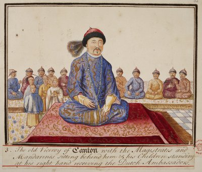 The viceroy of Canton with magistrates and mandarins, his children standing at his right hand receiving the Dutch ambassadors, from 