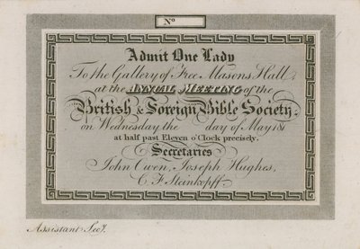 Admission ticket for the Annual Foreign Bible Society at Freemasons Hall by English School