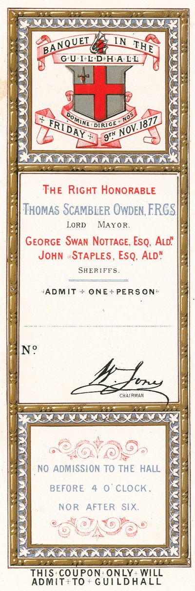 Admission Ticket to a Banquet at the Guildhall, London, on 9 November 1877 by English School