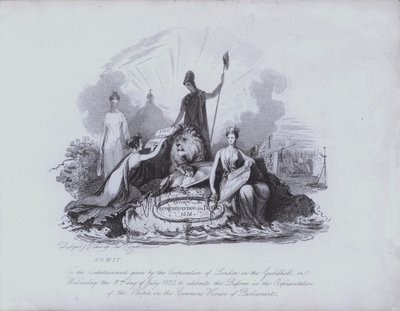 Admission Ticket to Entertainment in the Guildhall Provided by the Corporation of the City of London to Celebrate the Passing of the Great Reform Act of 1832 by the House of Commons by English School