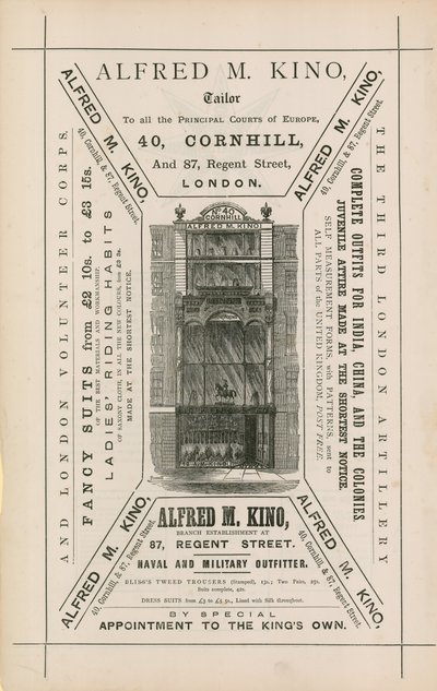 Advert for Alfred M Kino, tailor, 40 Cornhill and 87 Regent Street, London by English School