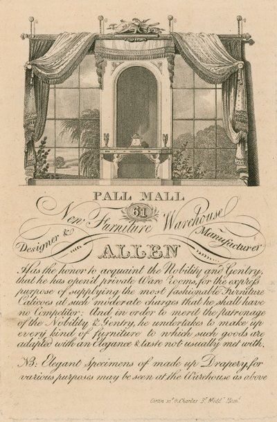 Advert for Allens new furniture warehouse, 61 Pall Mall, London by English School