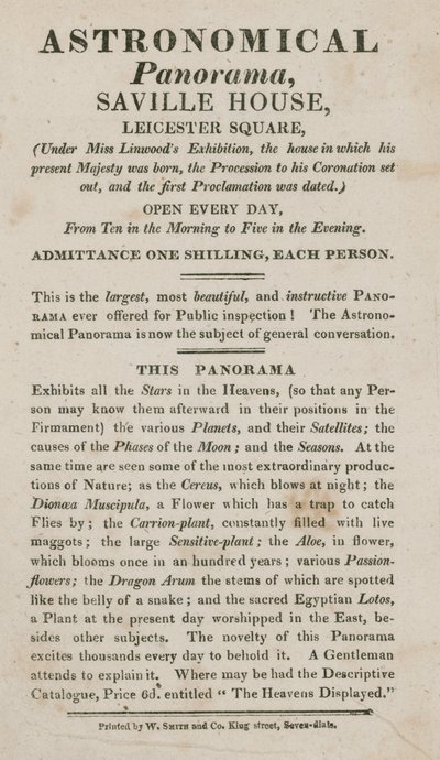 Advert for Astronomical Panorama, Savile House, Leicester Square, London by English School
