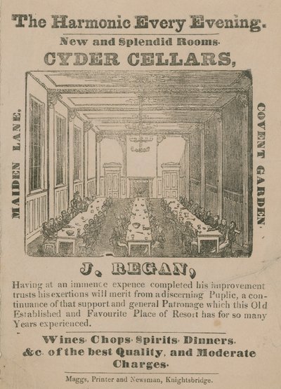 Advert for Cyder Cellars, Maiden Lane, Covent Garden by English School