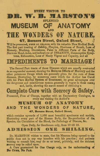 Advert for Dr W B Marstons Museum of Anatomy and the Wonders of Nature by English School