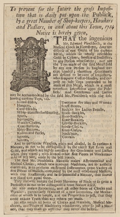 Advert for Edward Pinchbeck, Musical Clock, Fleet Street, London, from 1734 by English School