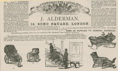 Advert for J Alderman, Manufacturer of Invalid Carriages by English School