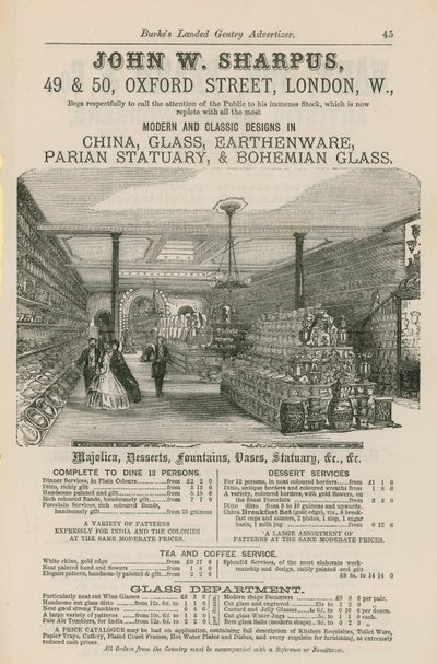 Advert for John W Sharpus, modern and classic designs in china, glass, earthenware, parian statuary and Bohemian glass by English School