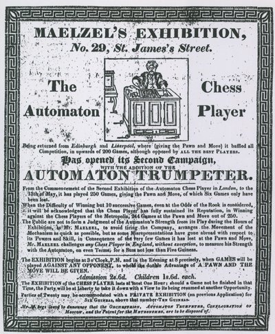 Advert for Maelzels Exhibition, 29 St Jamess Street by English School