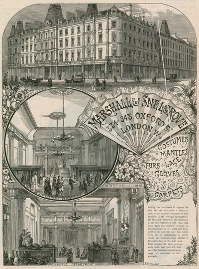Advert for Marshall & Snelgrove, Silk Mercers, Lacemen, Hosiers, of Vere Street, Oxford Street, London by English School