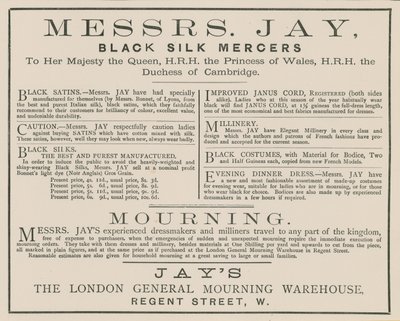 Advert for Messrs Jay, The London General Mourning Warehouse, Regent Street by English School