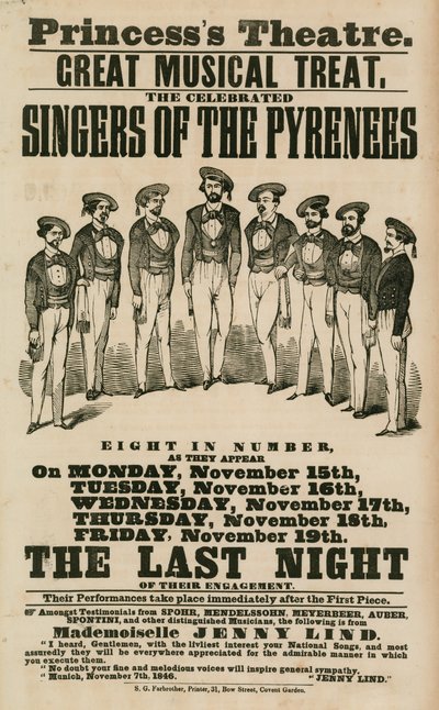 Advert for Princess Theatre, London, featuring the singers of the Pyrenees by English School