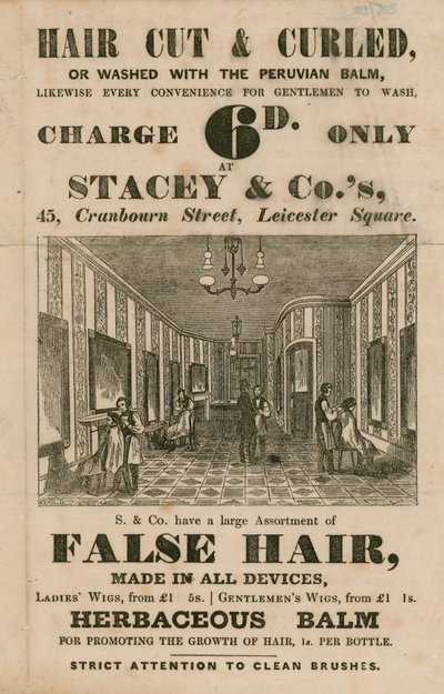 Advert for Stacey & Co., 45 Cranbourne Street, Leicester Square, London, Hair Dressers by English School