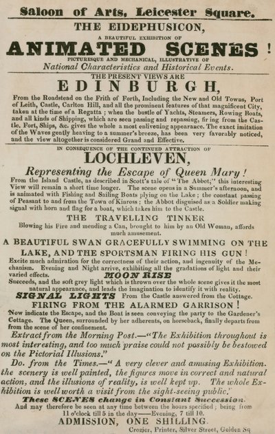 Advert for The Eidephusicon, an exhibition of animated scenes, picturesque and mechanical by English School