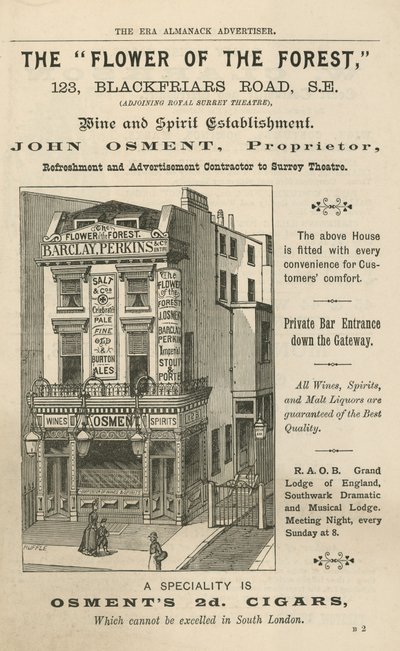 Advert for The Flower of the Forest, 123 Blackfriars Road, London by English School