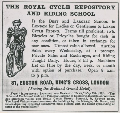Advert for The Royal Cycle Repository and Riding School by English School