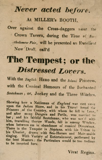 Advert for The Tempest; or, The Distressed Lovers, Performed at Millers Booth, Cross Daggers, Near the Crown Tavern by English School