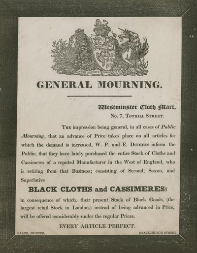Advert for W. P. and E. Dudden, Westminster Cloth Mart, 7 Tothill Street by English School