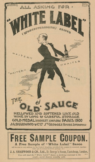 Advert for White Label Worcestershire Sauce by English School