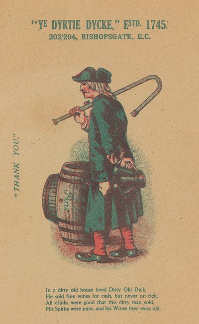 Advert for Ye Dyrtie Dycke (Dirty Dick), 202-204 Bishopsgate, London by English School