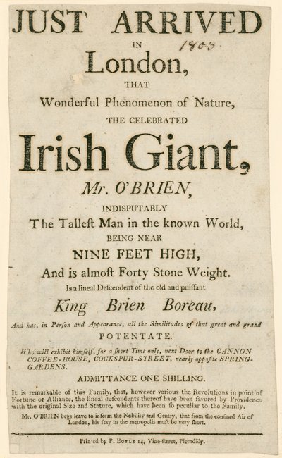 Advert for an Appearance of Charles Byrne, aka O