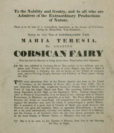 Advert for an appearance of Madame Maria Teresia, the Corsican Fairy by English School